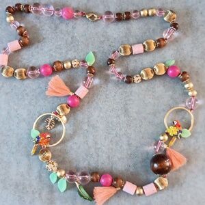Betsey Johnson Pink and Gold Beaded Necklace with Parrot Charms